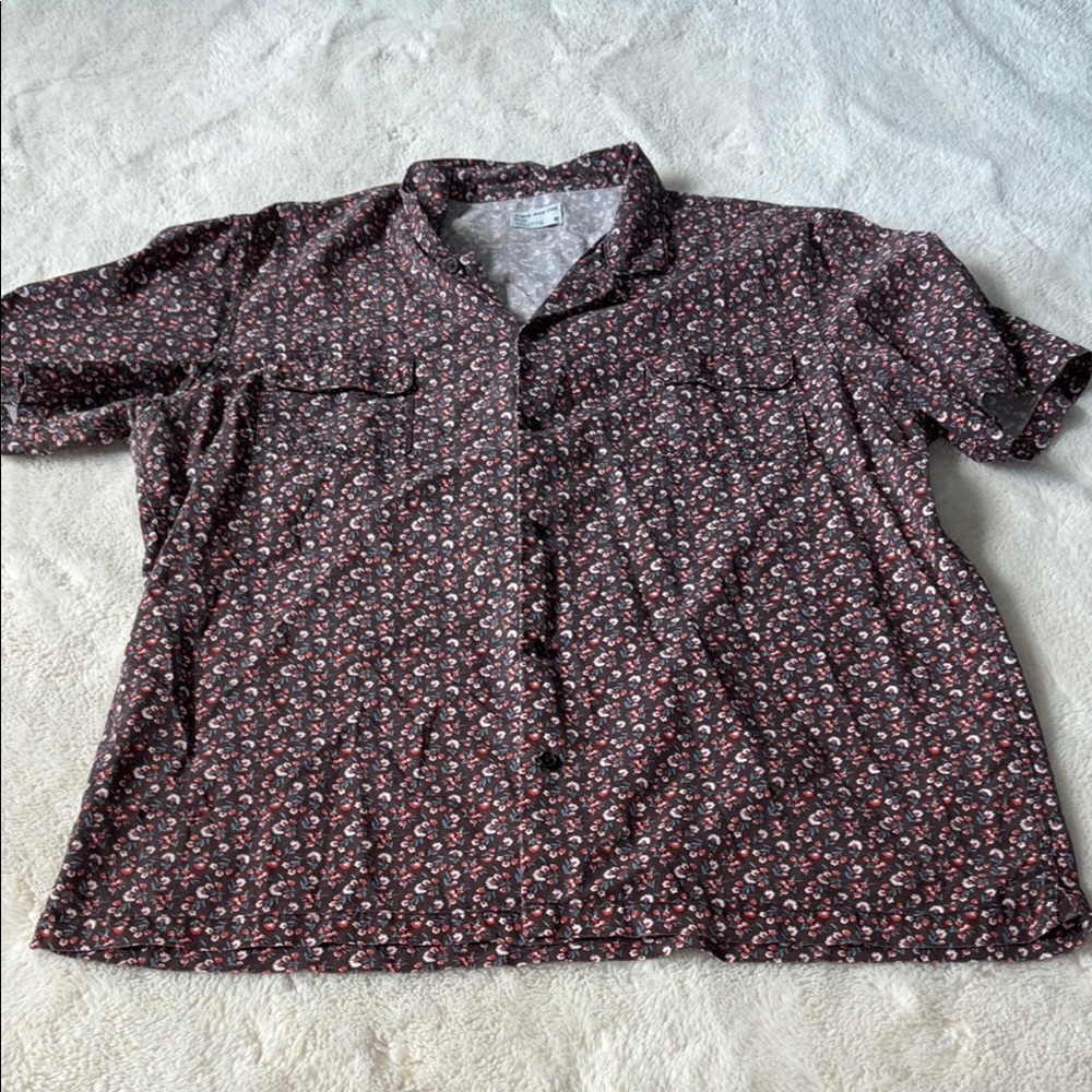 Frank & Oak Men's Black and Red Floral Button-Up Patterned Shirt Size XXL/TTG